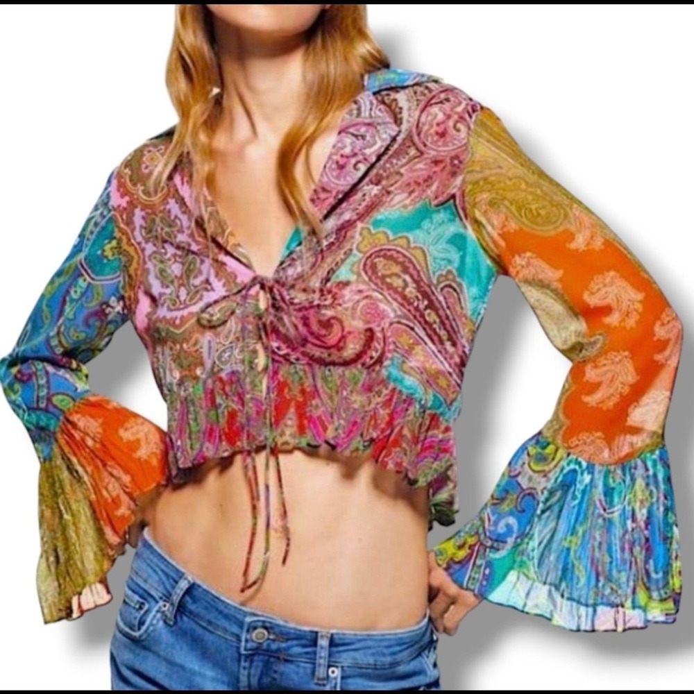 Zara Paisley Patchwork Crop Top Bell Sleeve Tie Front Boho Ruffle Women's Small